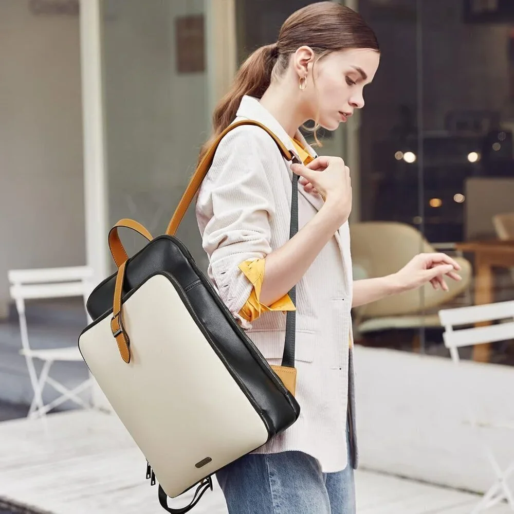 ✨Black Leather Backpack 15.6 inch Laptop Large Genuine Backpack Travel Back Bag